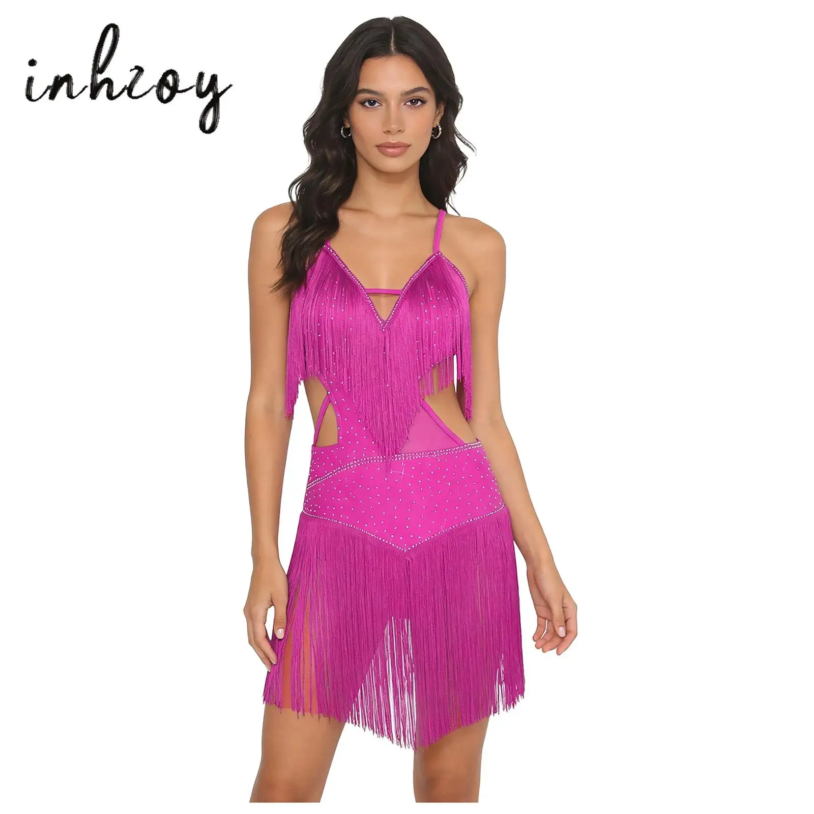 

Womens Latin Cha-cha Dance Dress Shiny Rhinestone Tassel Cut-out Bodysuit Sling Dress for Rumba Salsa Tango Ballroom Dancewear