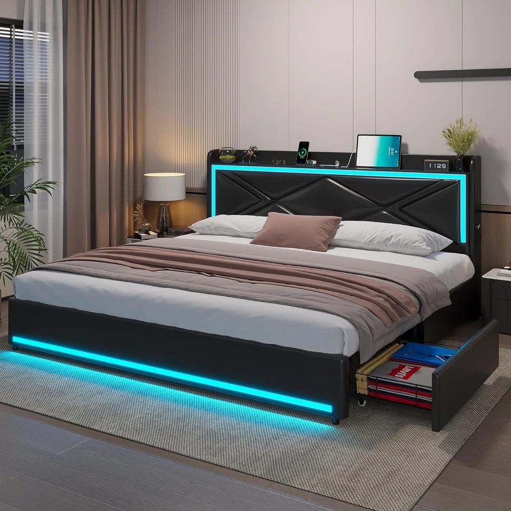 King Bed Frame with Storage Drawers and LED Lights, with Headboard Storage, Type-C & USB Charging Station, No Box Spring Needed