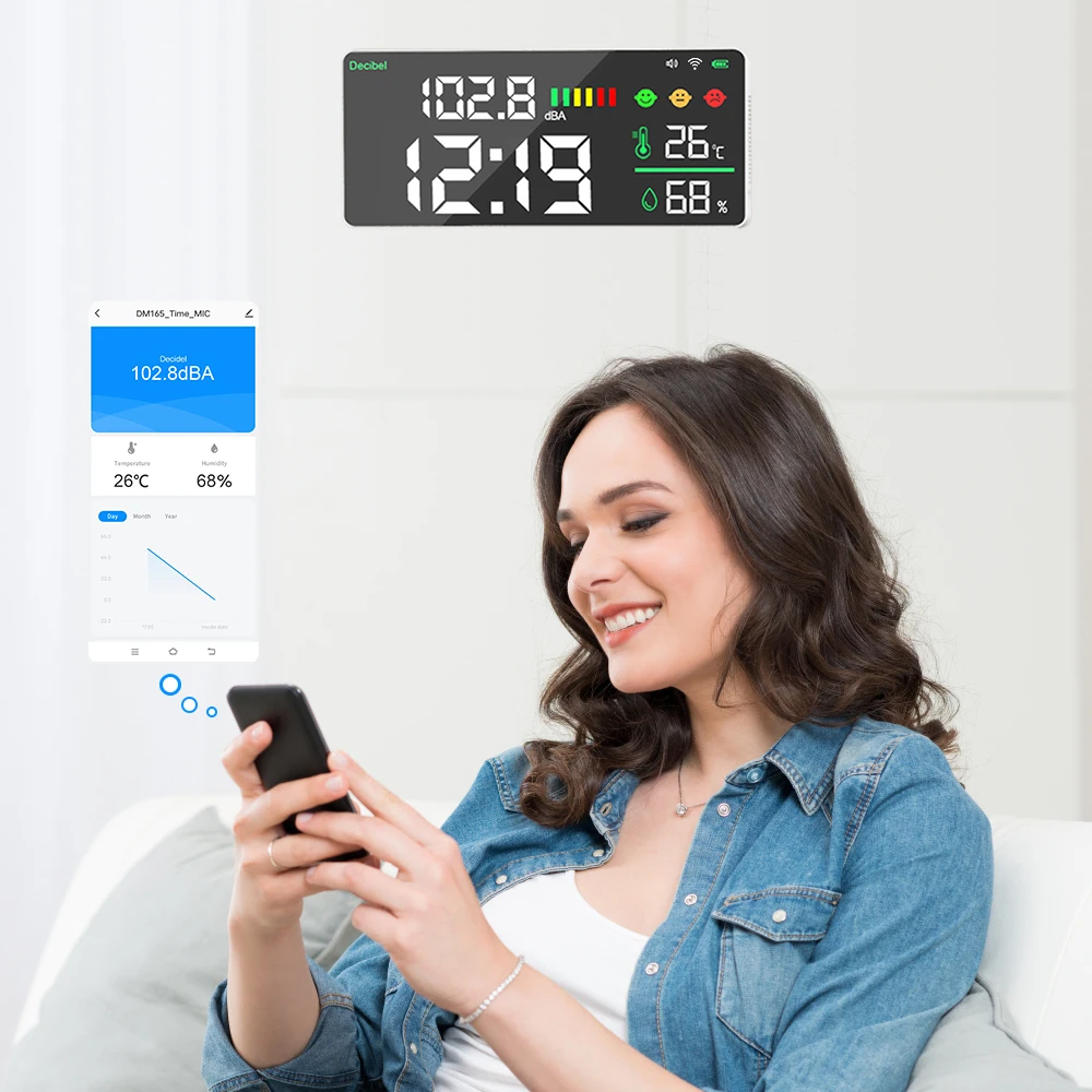 DM165 WiFi Wall-Mounted Carbon Dioxide Detector Noise Tester with Temperature Humidity Meter for Bedroom Classroom Office Use