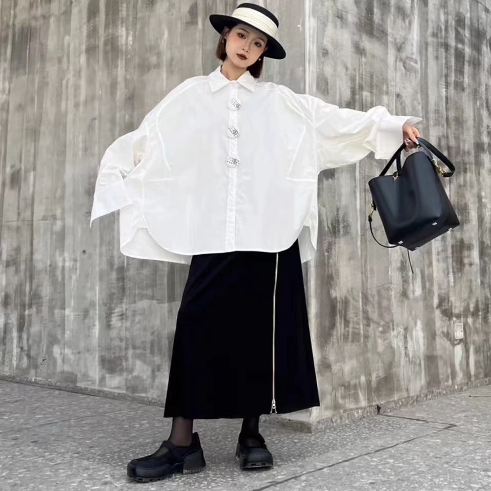 New In 2024 Autumn White Numbers Buttons Mid-length Oversized Cotton Shirts Blouses For Women Loose Casual Long Sleeve Top Blusa