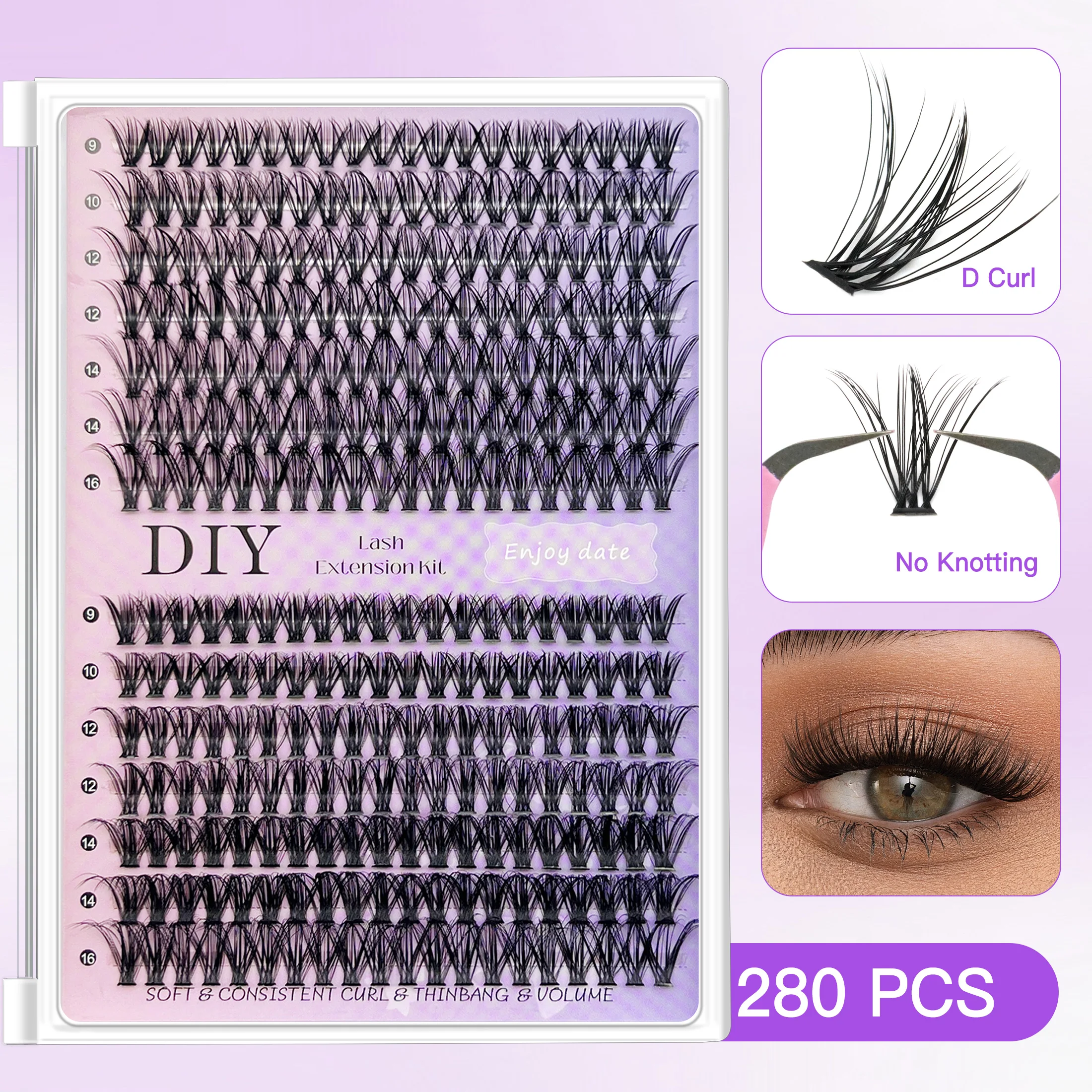 DIY Eyelash Extensions Kit  280pcs D Curl Wispy Fluffy Lash Clusters, False Eyelashes Set with glue makeup tools & accessories