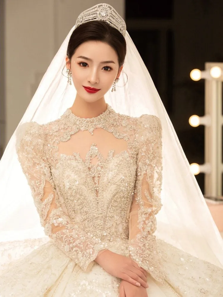 New long-sleeved main fabric light and heavy large-sized strapless dress
