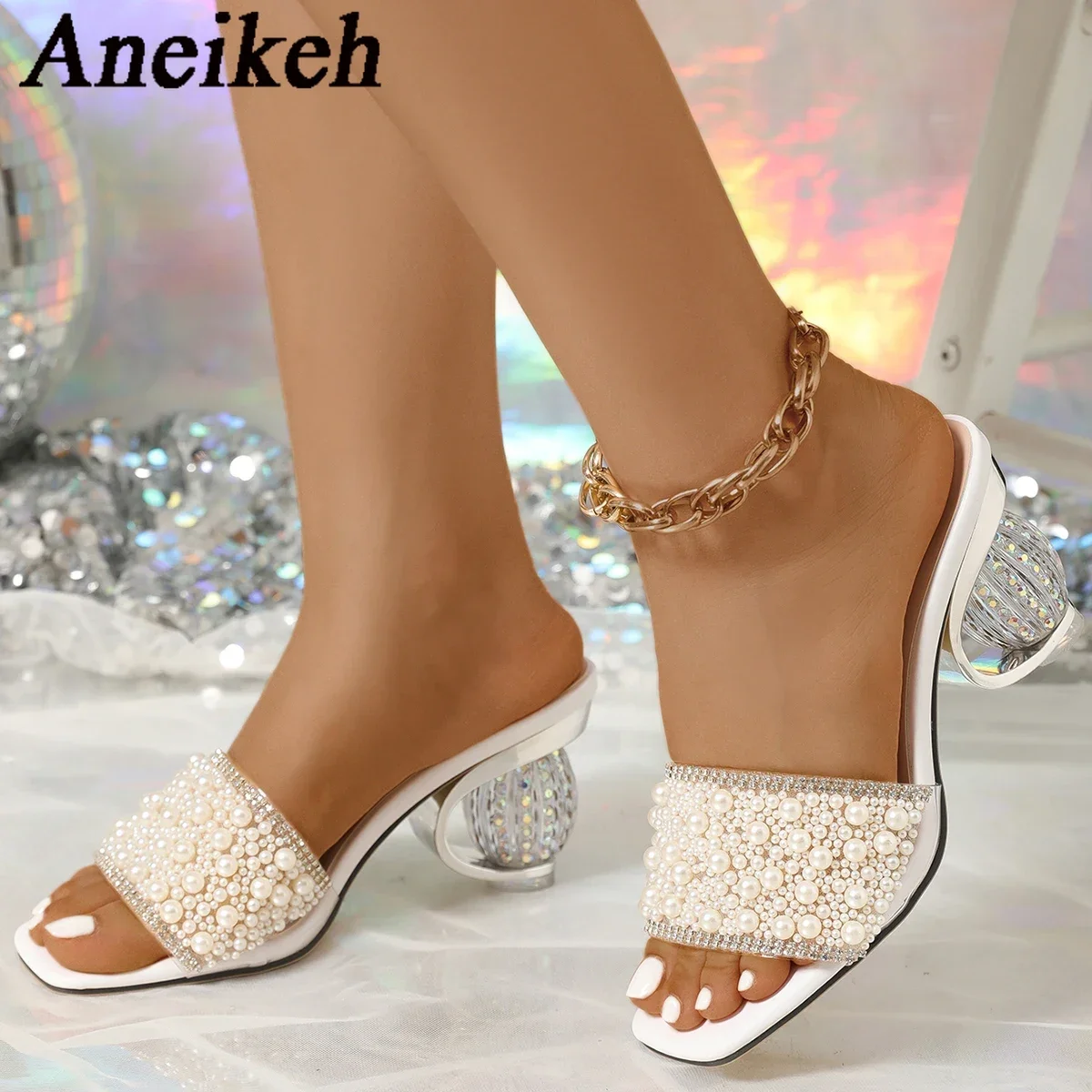 Aneikeh White Pearl Shiny Sandals Slippers Women Transparent Thick Bottom Party Dress Mules High Heels 2026 Summer Heeled Beach image 2