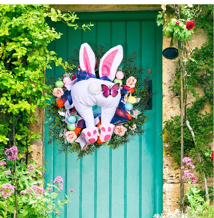 

Easter Big Thief Rabbit Wreath Bunny Easter Party Welcome Spring Butterfly Happy Easter Day Colorful Eggs Parti Decor For Home