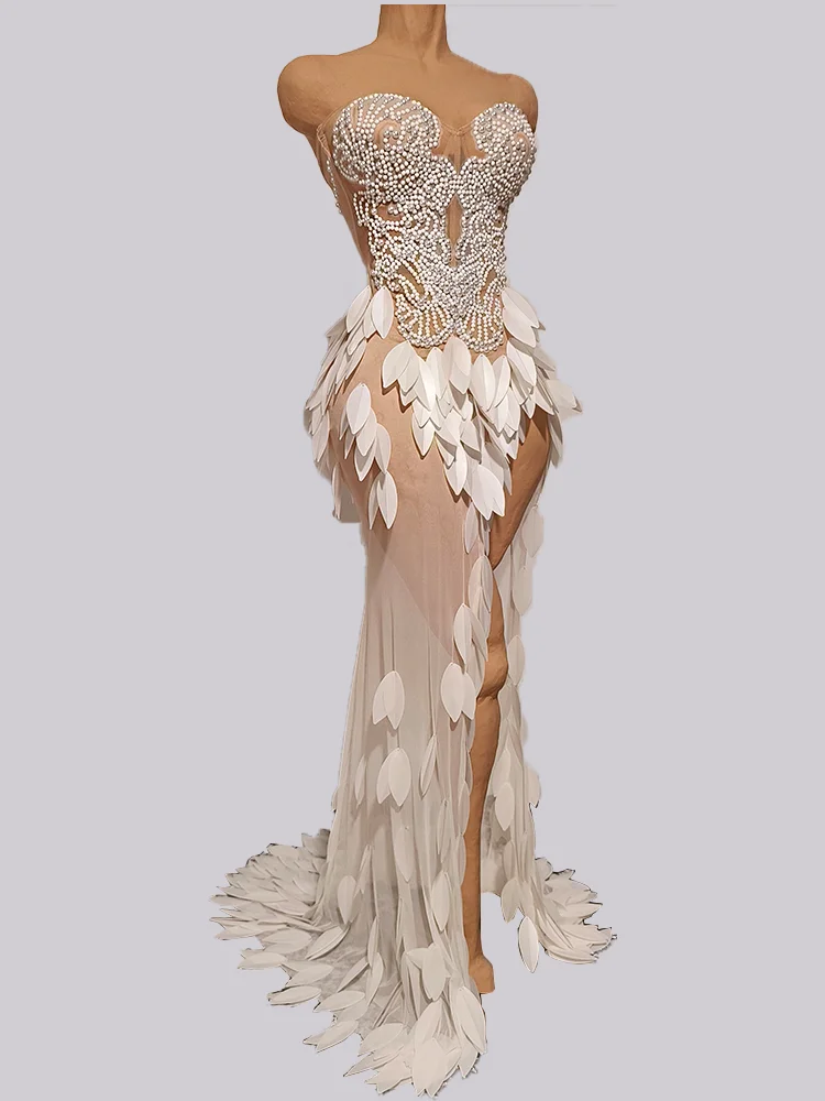 New Women Event Costume White Pearls Long Dress Drag Queens Stage Costumes Show Girl Singer Birthday Prom Party Wedding Clothes