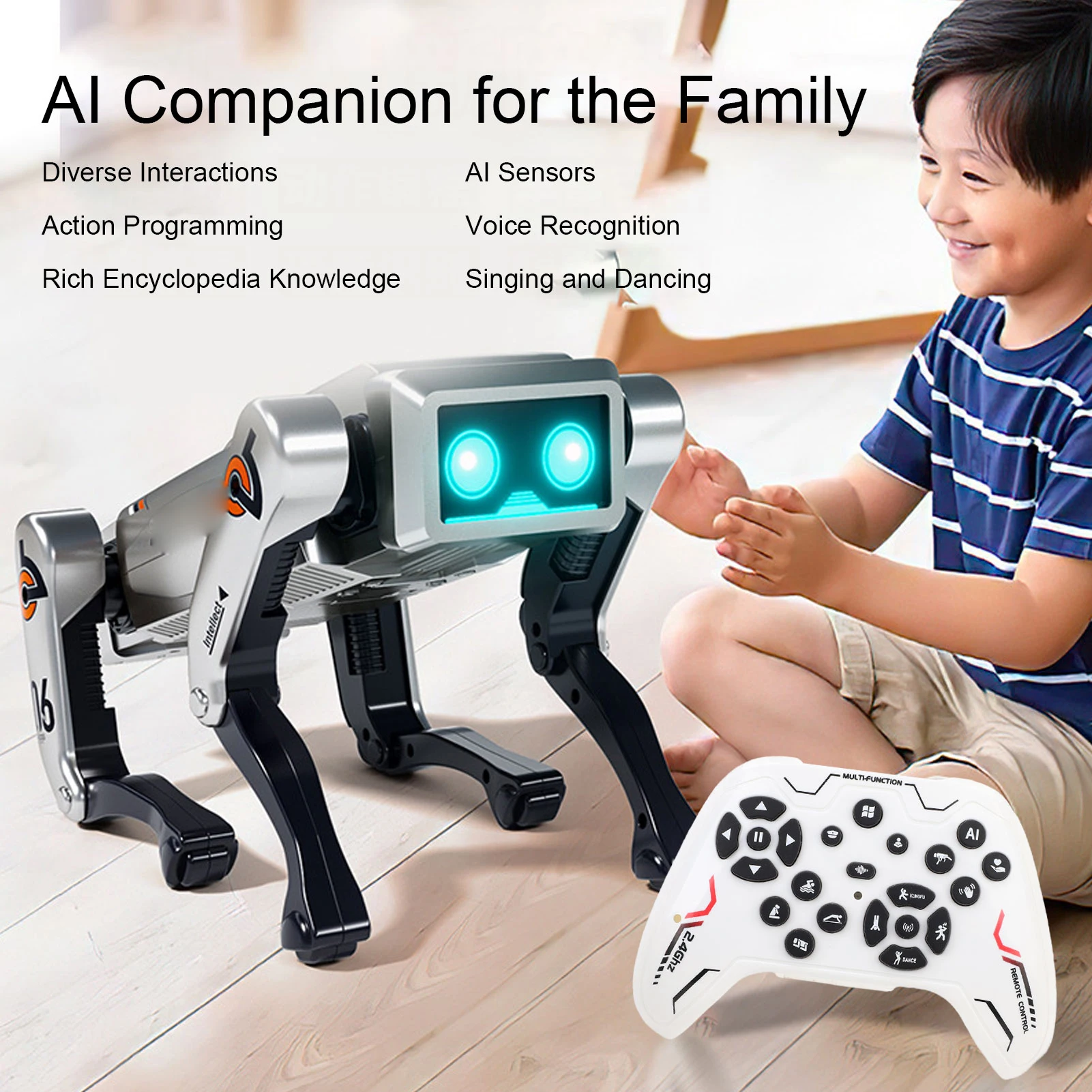 

Portable AI Robot Dog Remote Control Smart Robot Dog Programmable Quadruped Voice Control AI Robot Dog with Music Light Effects