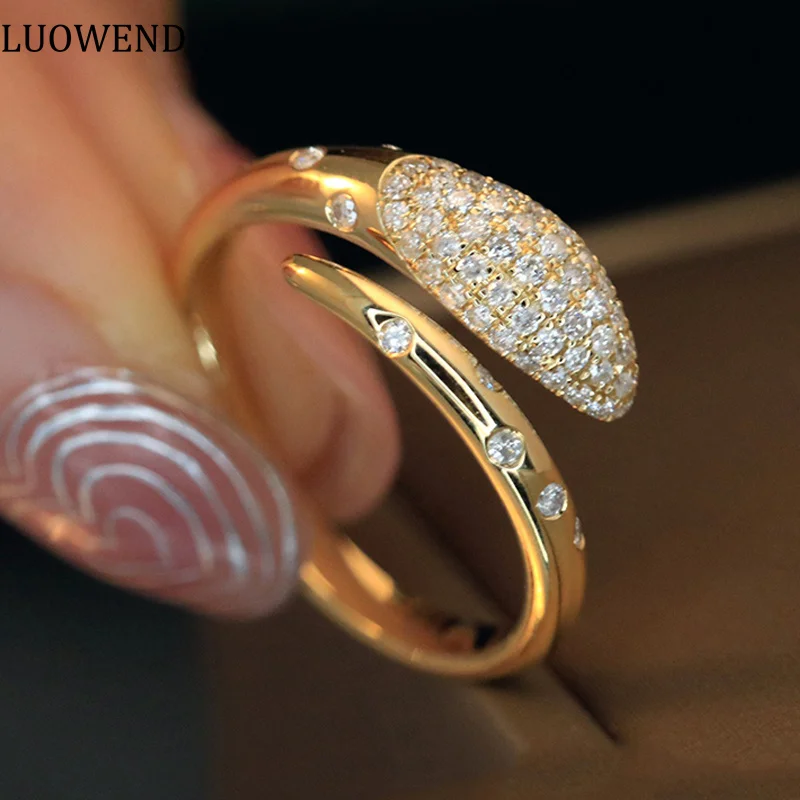 LUOWEND 18K Yellow Gold Rings Shiny Design Real Natural 0.40carat Diamond Rings for Women Wedding Jewelry Elegant Style Fine