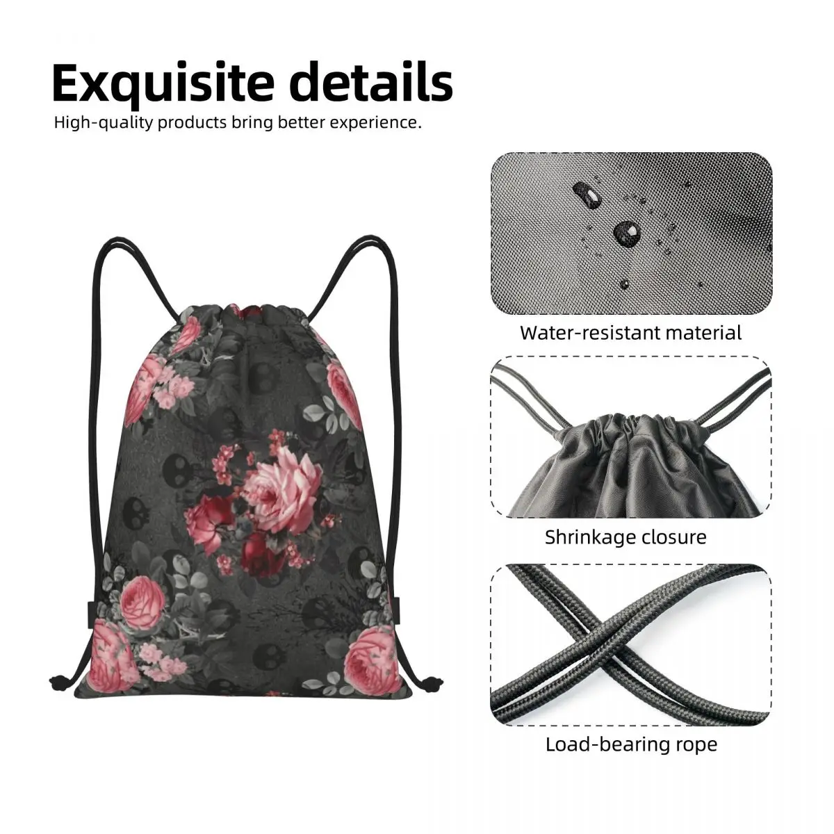 Mochila gótica con patrón de rosas y calaveras para hombre y mujer, bolsa ligera con cordón, Floral, gimnasio, deportes, sacos de entrenamiento