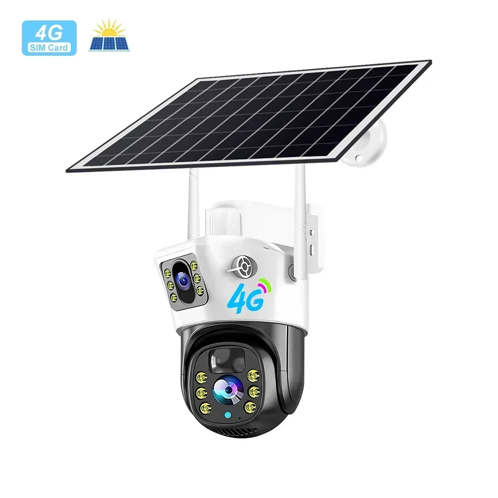 Solar Powered V380 2k 4mp Wifi 4G Outdoor Security Camera Double Lens Hd Wireless Ptz Video  Ip Camera