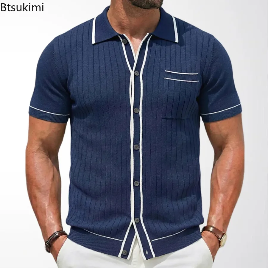 

Summer Men's Knitwear Polo Shirts Fashion Business Casual Patchwork Striped Short Sleeve Cardigans Knit Tops 2026 Men's Clothing