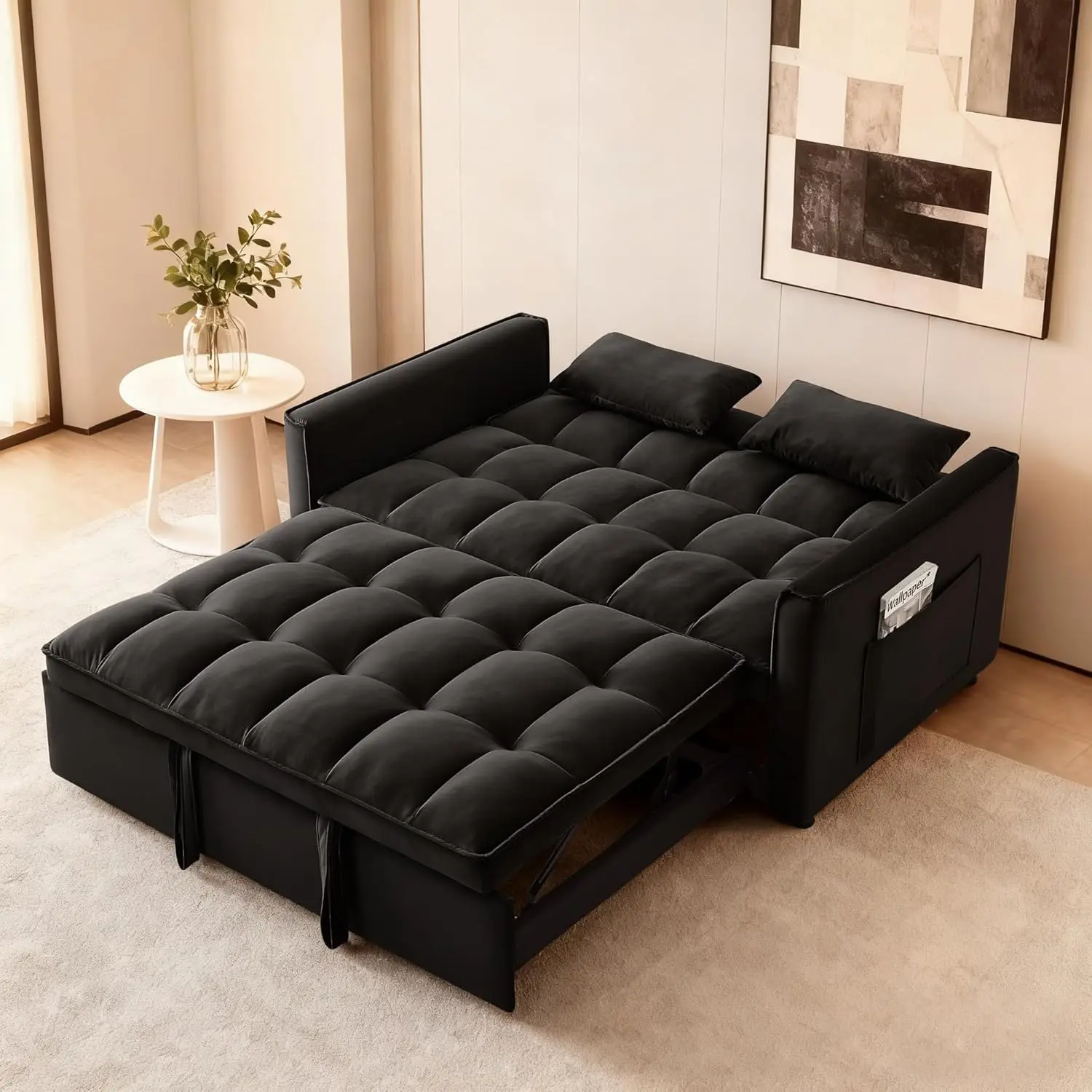 53'' Convertible Sleeper Sofa Bed, Modern Velvet Fabric, Adjustable Backrest, Side Pocket and 2 Pillows, 3-in-1, Customized
