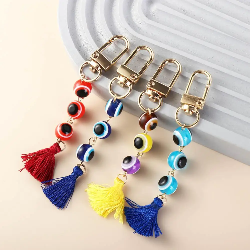 Lucky Turkish Blue Eye Keychain Colorful Resin Beads Tassel Pendant Fashionable Demon Eye Keyring Backpack Charms Car Key Chain