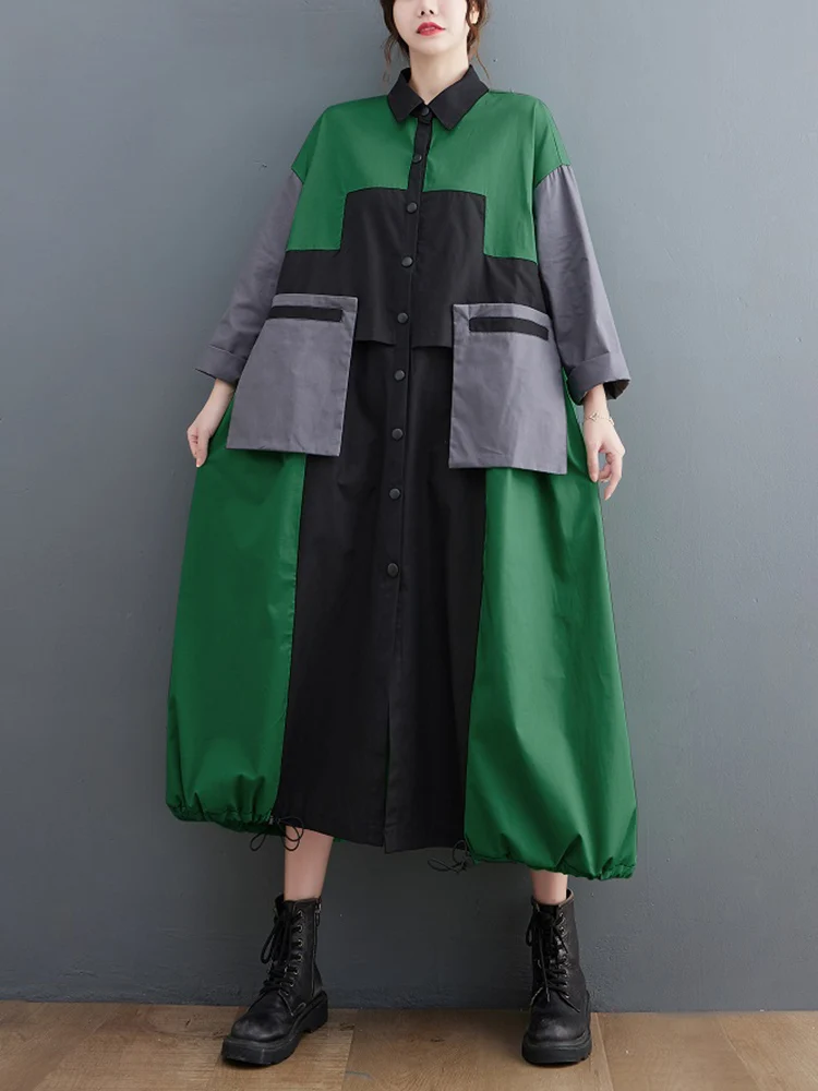 Oversized Patchwork Contrast Color Vintage Long Trench Coat For Women Clothes Fashion Casual Loose Outerwear Autumn Winter 2024