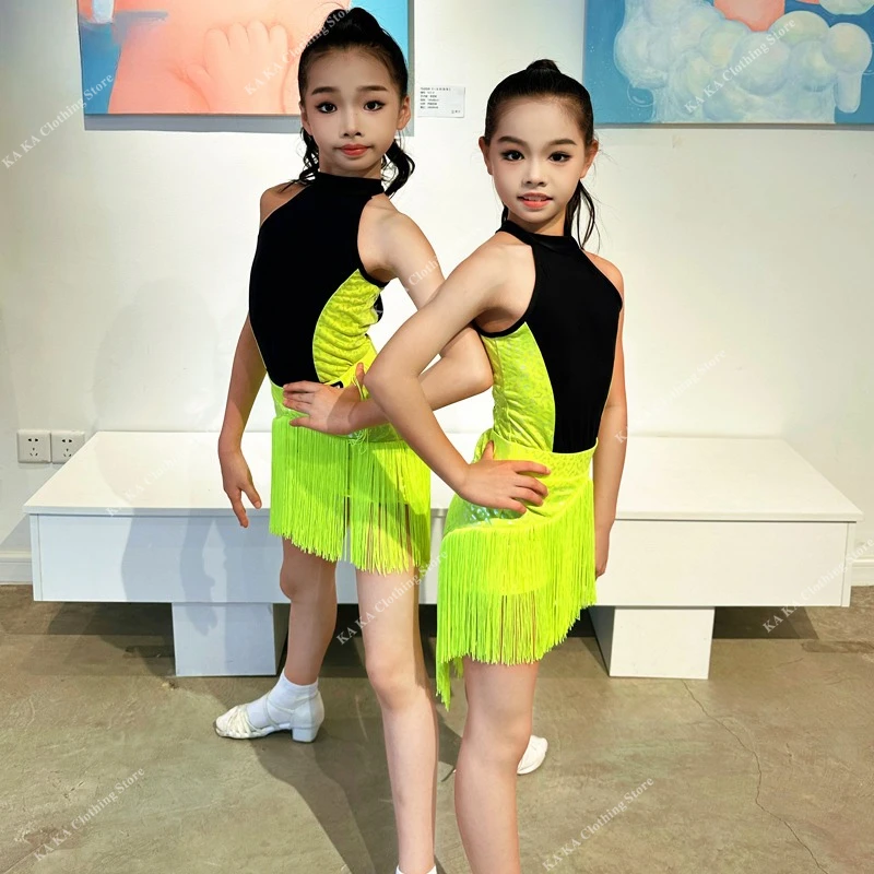 New Children\'s Rumba Cha Cha Samba Latin Dance Dress for Girls Ballroom Dancing Dresses Tassel Skirt Fringe Latin Practice Dress
