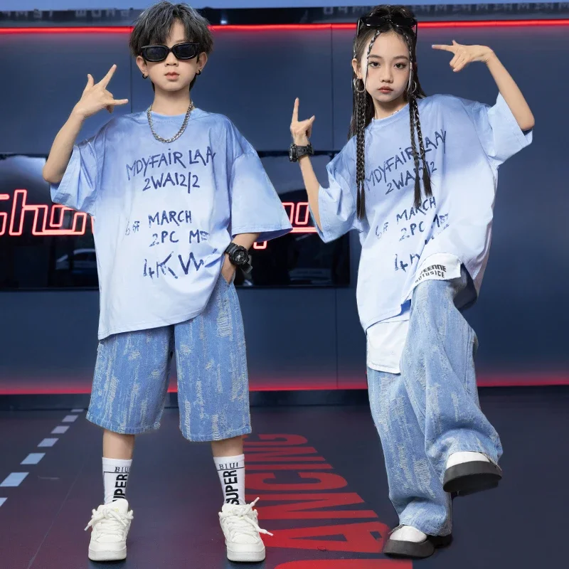 Ragazze Streetwear Street Dance Cargo Jeans Vestiti per bambini Hip Hop Ragazzi Cool Camicia Gilet di jeans Pantaloncini strappati Set Costume di scena per bambini