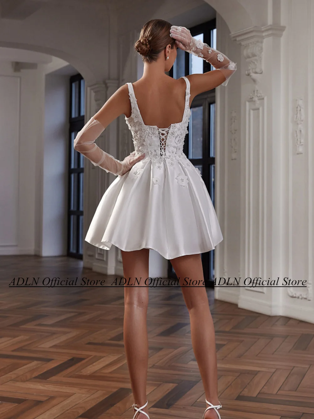 ADLN Mini Wedding Dress Civil Bridal Gown Sexy Square Neck Sleeveless Sequined Flowers Satin Little White Dresses No Gloves