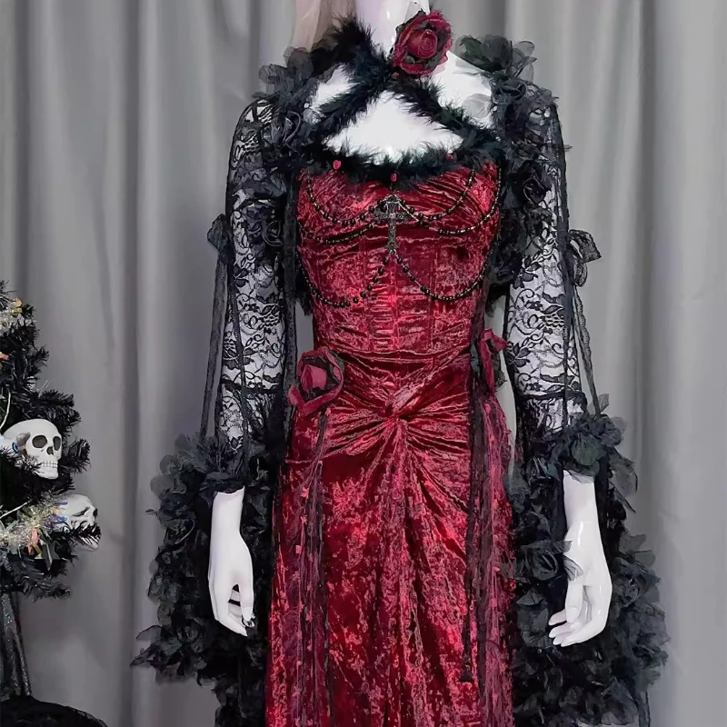 Europea American Gothic Sexy Sweet Cool Women's Dress Original Design Lace Flower Hollow Out Beaded Cardigan Coat Set Ladies