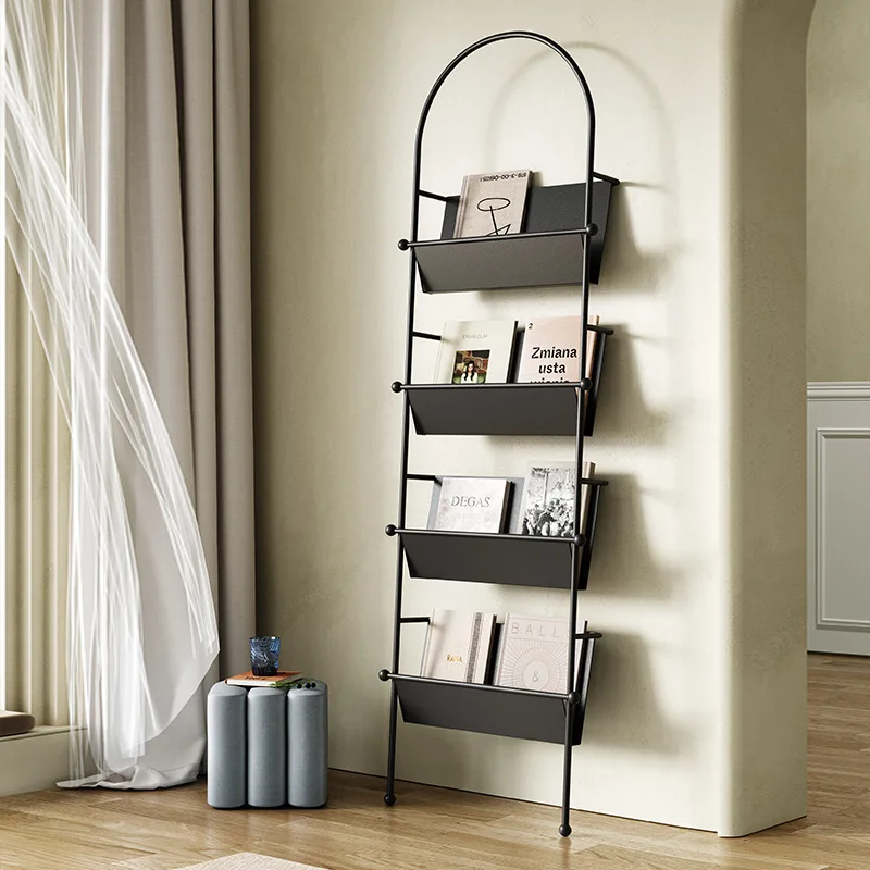 Bookshelves, floor-to-ceiling, wrought iron against the wall, living room, magazine shelves, black second-hand