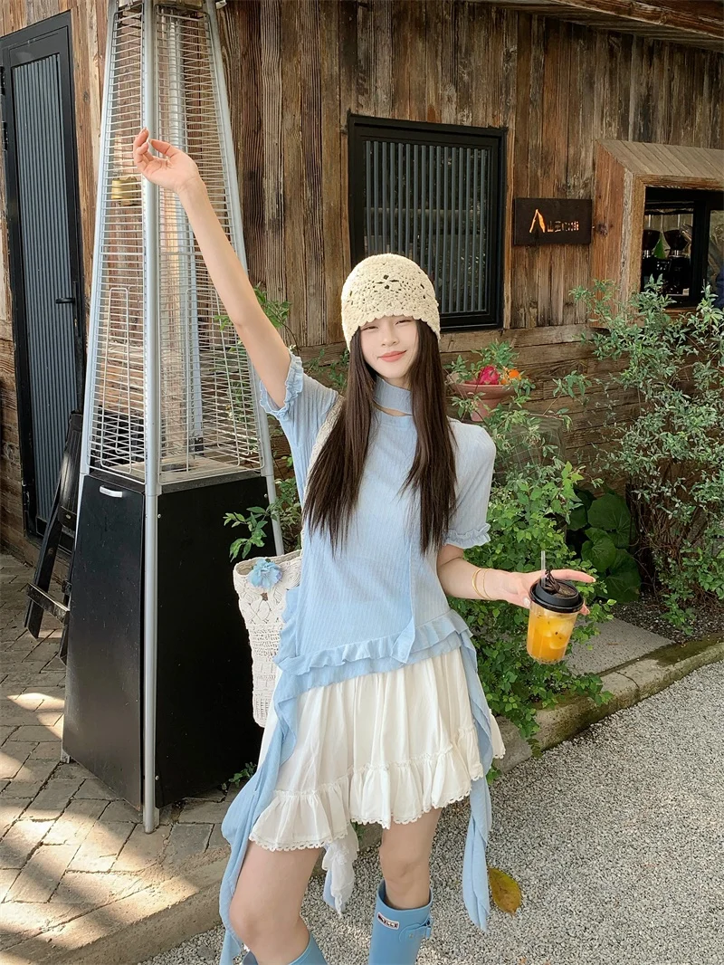 

Kumikumi Blue Short Sleeve T-Shirt Lace Overlay Women's Summer Slimming Skirt Three-Piece Set Fashionable Layering Top
