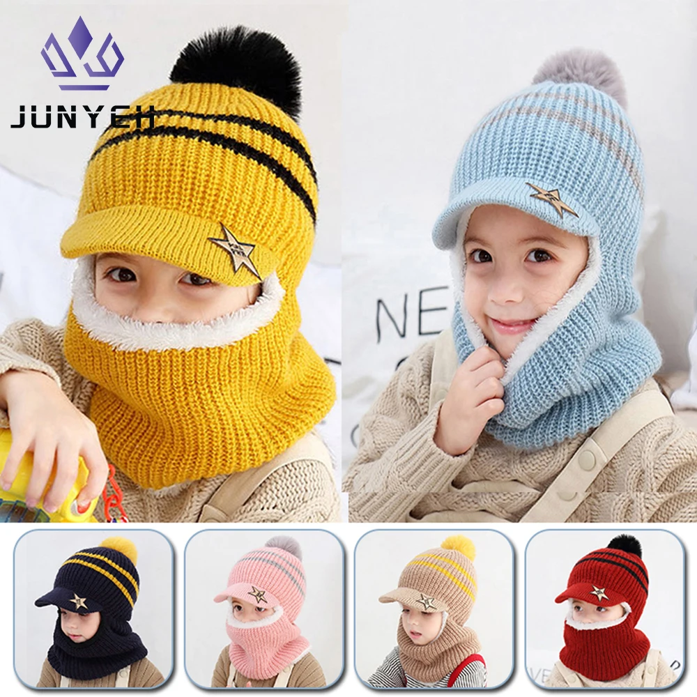 Kids Knitted Scarf And Hat Set Luxury Winter Warm Soft Crochet Hats And Scarves Beanie Caps For Boys Girls 2-8 Years