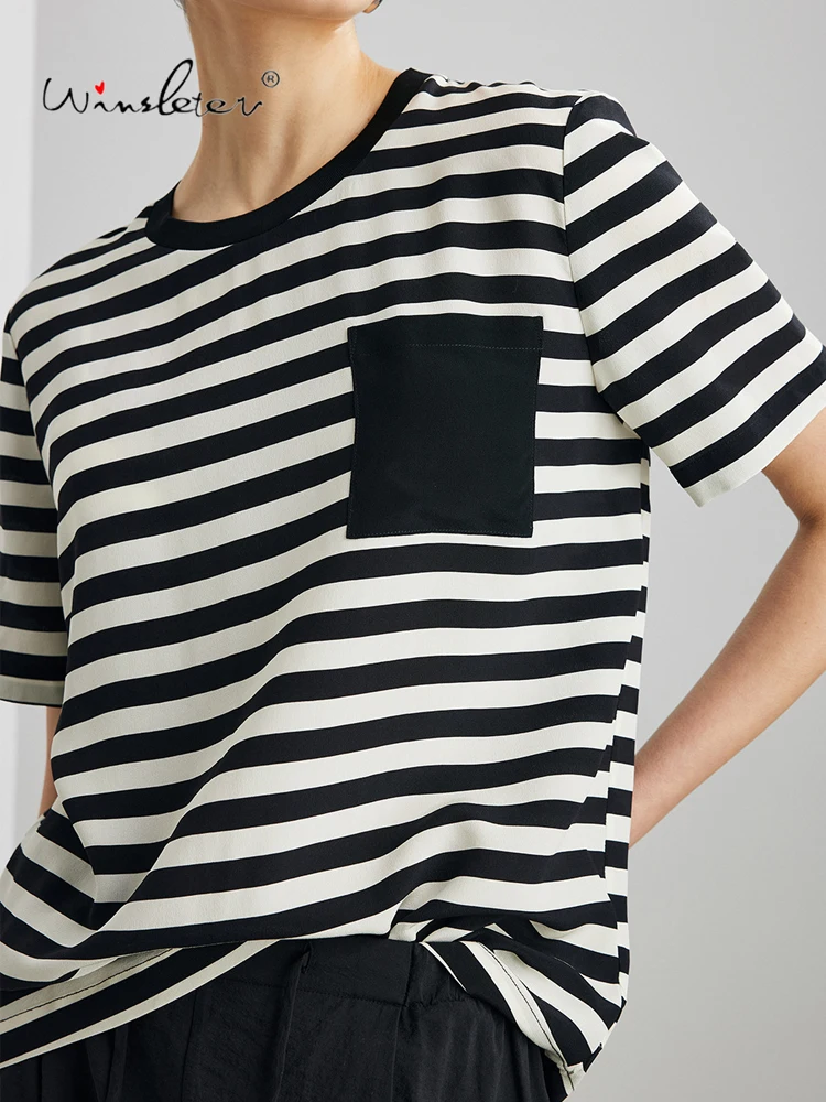 

Winsleter-23MM 100%Real Silk Elegant T-shirt, O Neck Short Sleeve Striped, Woman Basic Casual Loose Top, 2026 Spring T61345CC