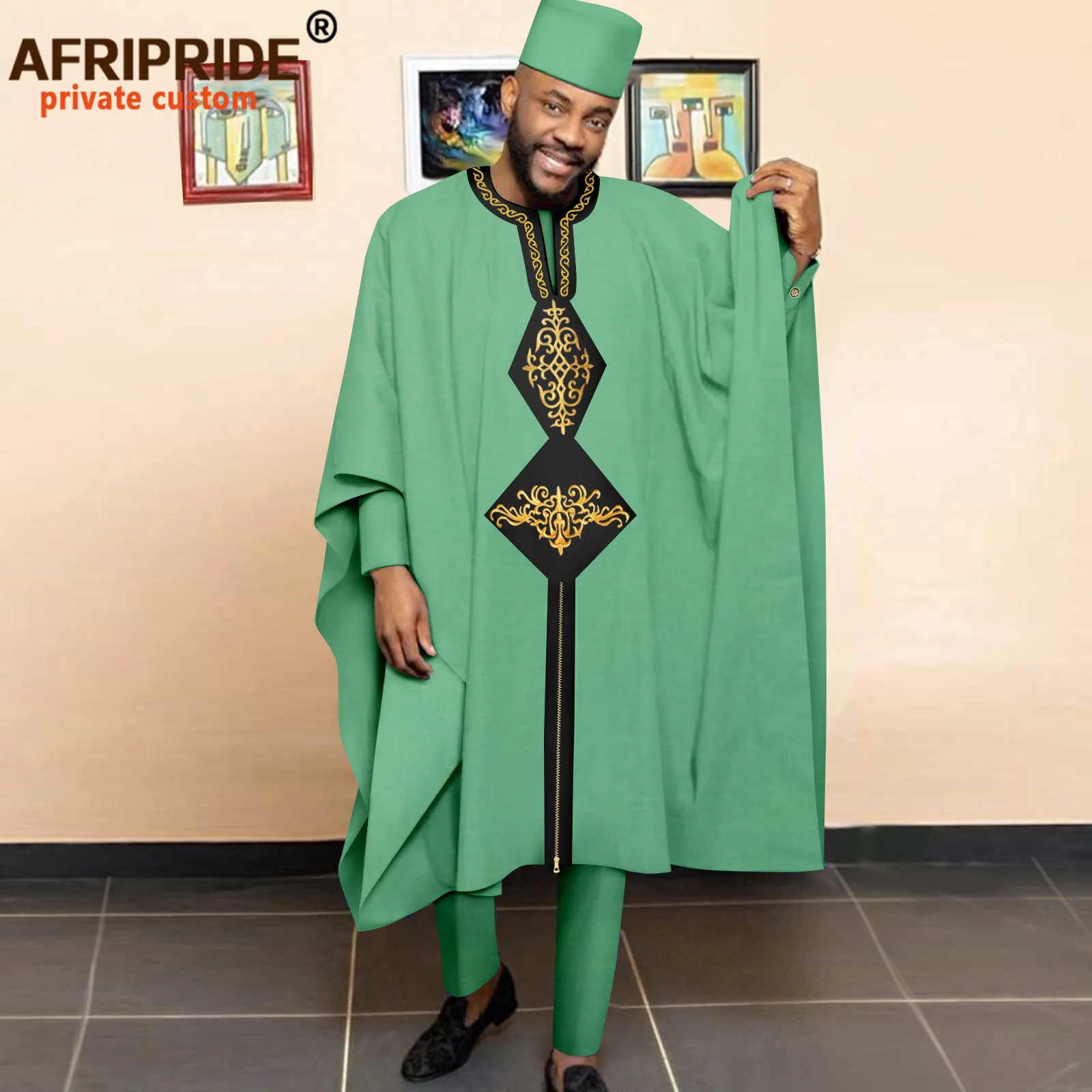 African Clothing for Men Embroidery Agbada Robes Shirts Pants and Hats 4 Piece Set Dashiki Outfits for Wedding Evening A2216053