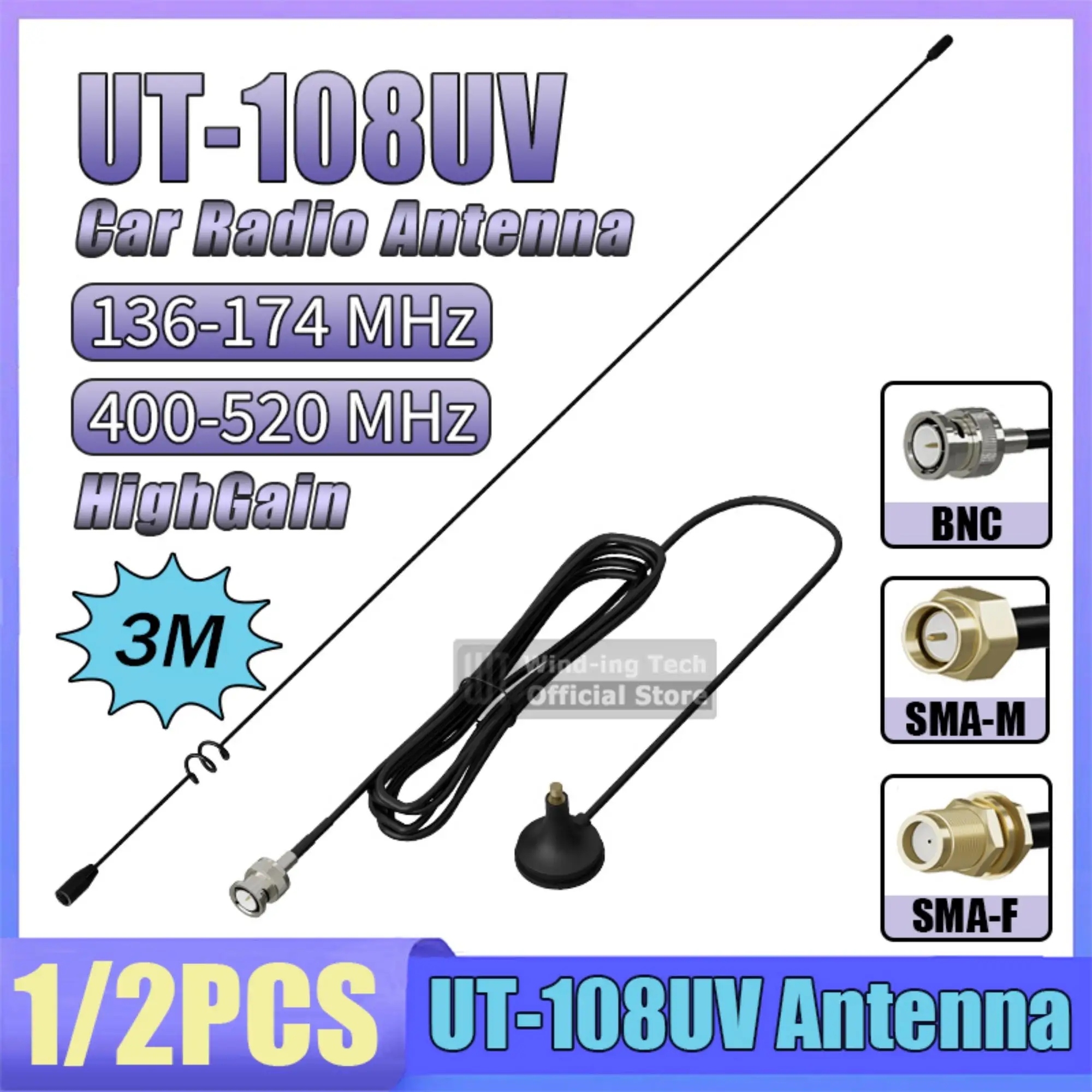 Antena de Rádio Automotiva UT-108UV com Conector SMA-F SMA-M BNC, Alto Ganho, Banda Dupla, 3 Metros, Compatível com Rádios Quansheng Baofeng TYT