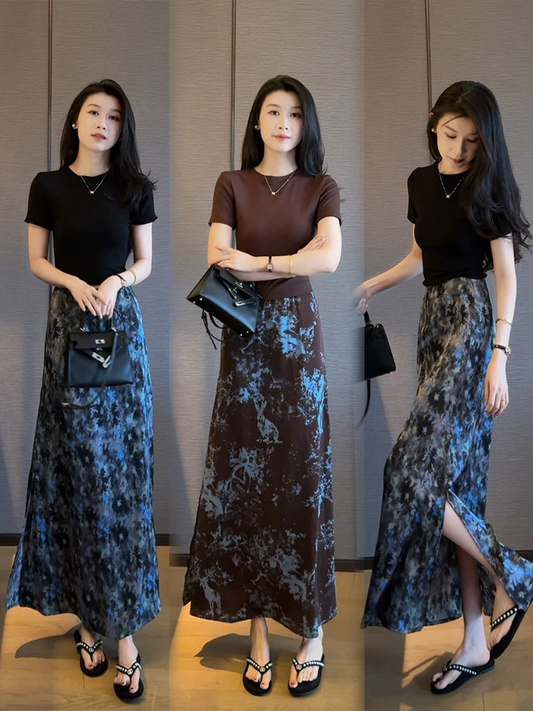 

Модный комплект из двух предметов с цветочным принтом, женский летний новый топ с полосками ort Sve, юбка с разрезом, повседневная одежда