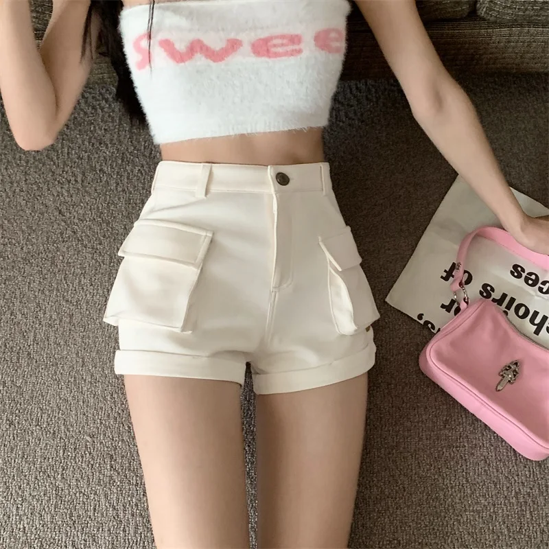 Shorts Dames Vintage Preppy College Style Wijde pijpen Denim Hoge taille Rolzoom Amerikaanse sport Loose Fit Campus Grils