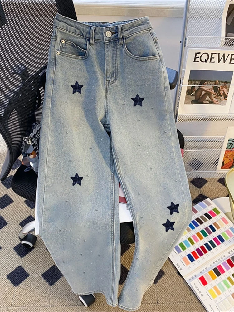 

Прямые джинсы с высокой талией и принтом в стиле ретро, женские и мужские летние уличные утягивающие широкие брюки