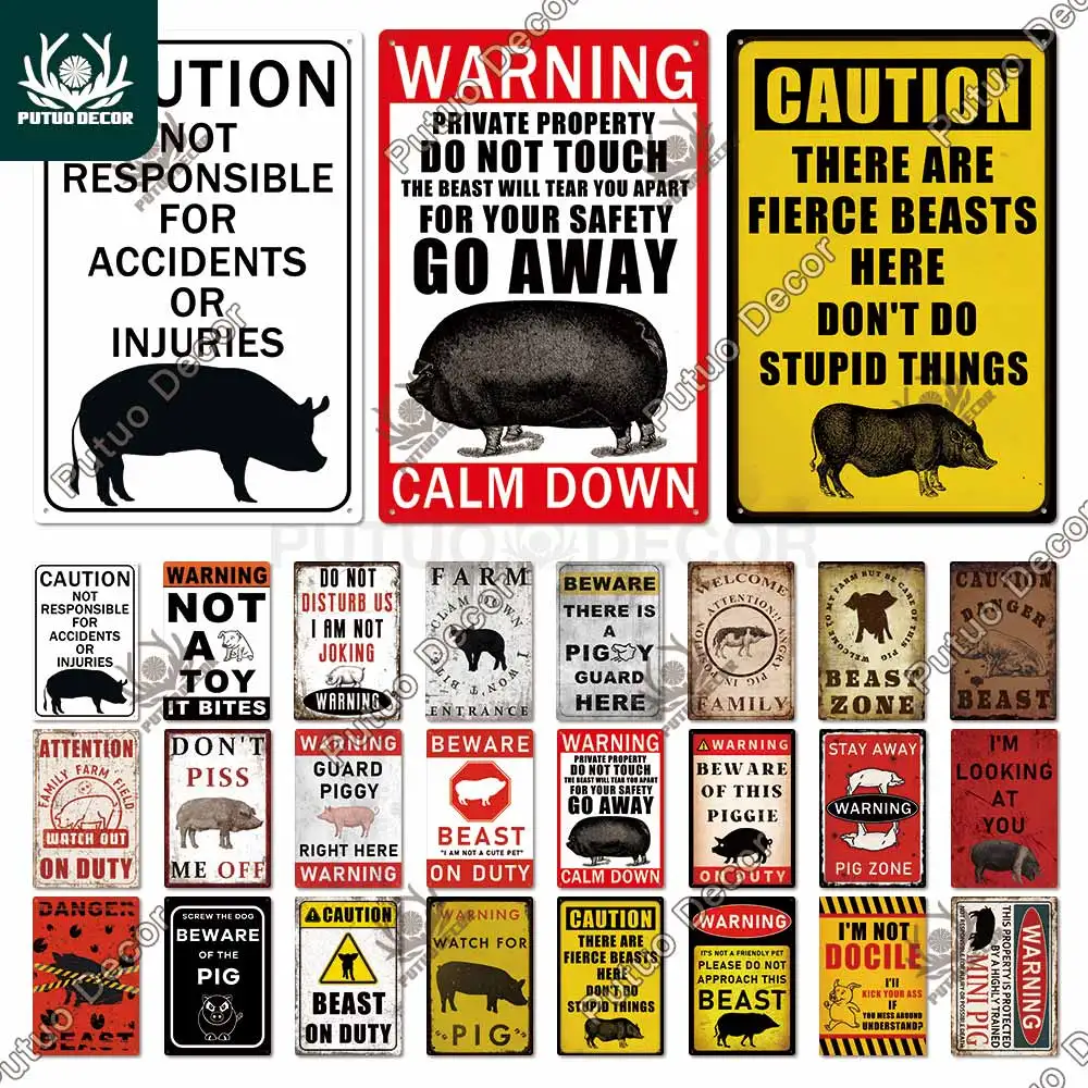 

Putuo Decor Warning Tin Sign Vintage Metal Sign Pig Caution Plate Warning Decorative for Zoo Piggy Farm House Wall Decor