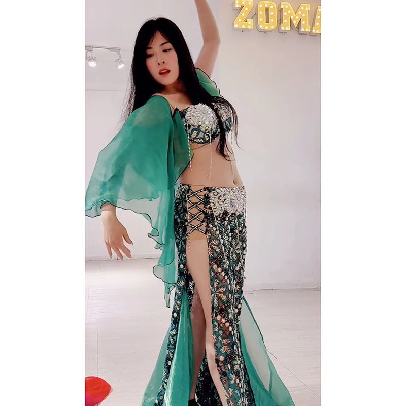 Fato de dança do ventre feminino, sutiã sênior e saia longa de renda, roupa oriental para crianças adultas, 2 peças