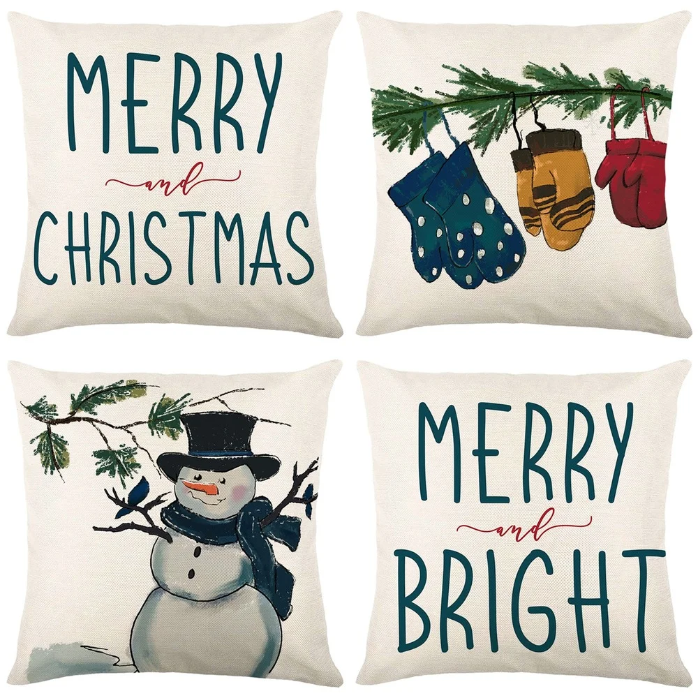 

Christmas Cushion Cover 18x18 Inches Funny Letters Snowman Gloves Printed Pillows Cover Living Room Sofa Decorative Pillowcase