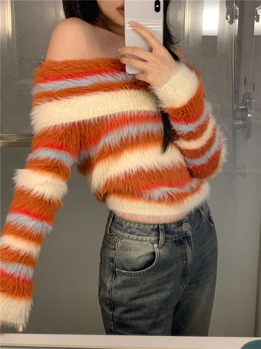 KUSAHIKI Off Shoulder Striped Long Sleeved Sweater for Women's Winter Slim Fit Retro Soft Fur Lining Knitted Top Sueter Mujer