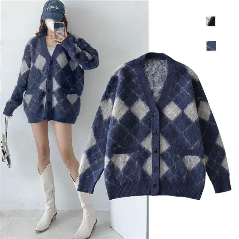 

Lazin Sle Long Water Rabbit Velvet Design Loose Knitted Sweater Coat Diamond Pattern Small V-ne Knitted Open Cardigan Top