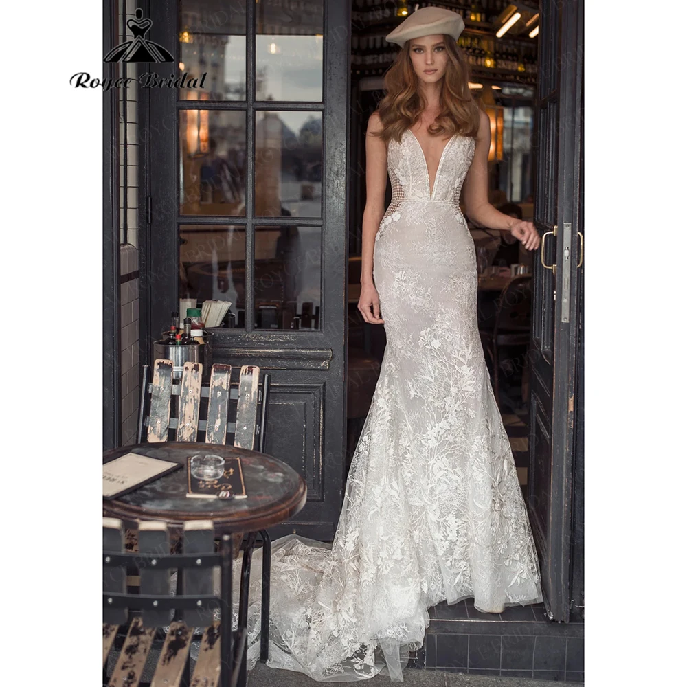 

Roycebridal Гламурное свадебное платье с глубоким v-образным вырезом и кружевом Русалка на бретельках со шлейфом 2025 Свадебные платья по индивидуальному заказу Robe De Mariée