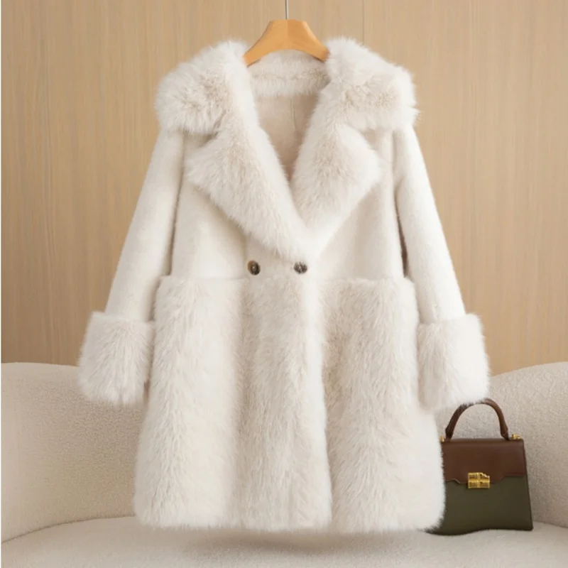 Winter Warm Women's Coat Refined Imitation Gold Mink Velvet Long-Cut Coat Comfortable Big Fur Collar Windproof Women's Clothing