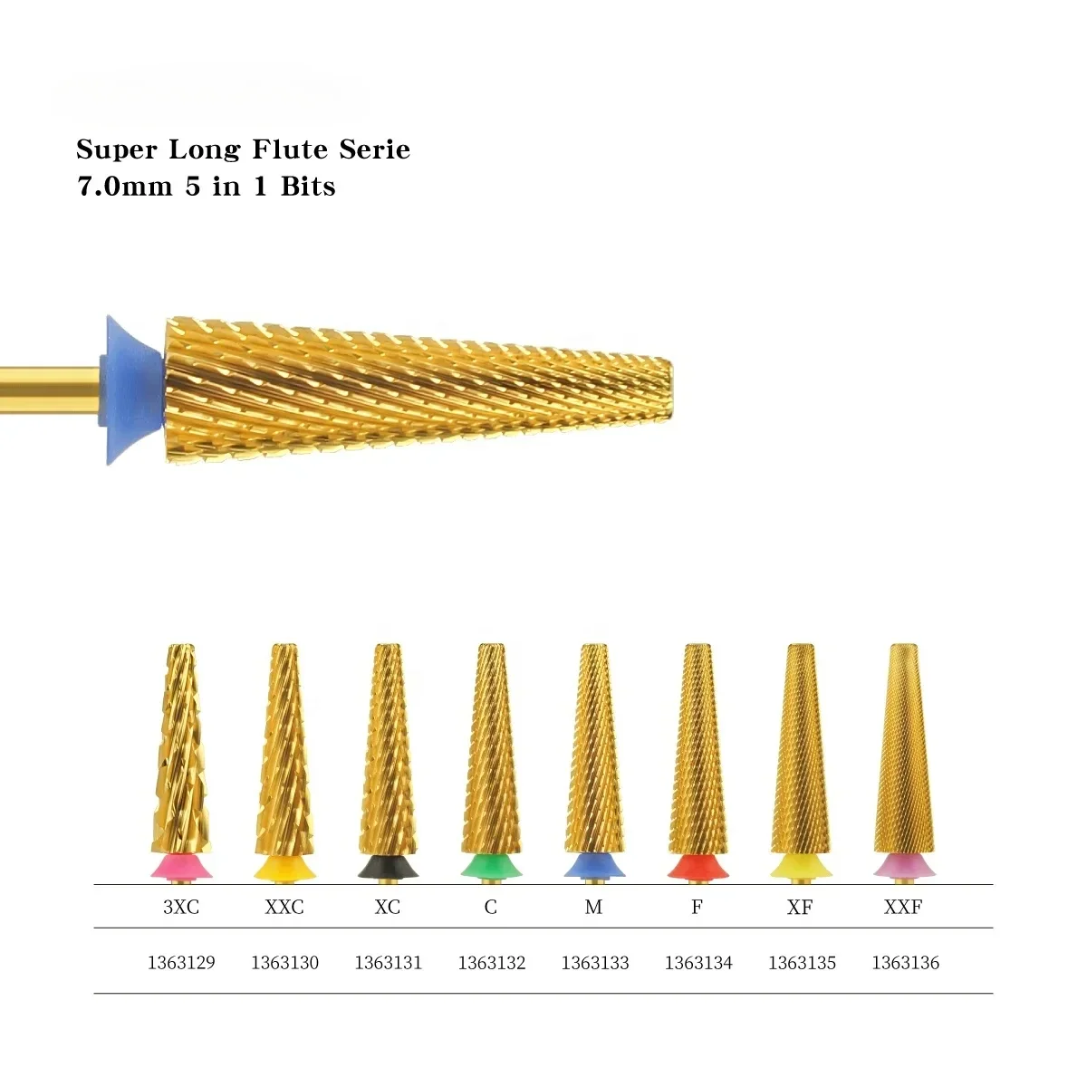 

Super Long Flutes 7.0mm 5-in-1 Bit(Cross Cut) Overalls Tungstens Carbides Bit for Salons Polishings Electrics Nail Drills Series