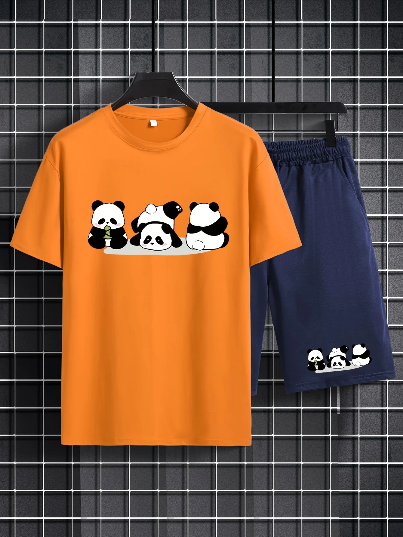 3D Cute Panda Print 2-piece Men\'s Fashion Casual Round Neck Short Sleeved T-shirt Drawstring Shorts Set Suitable Children\'s set