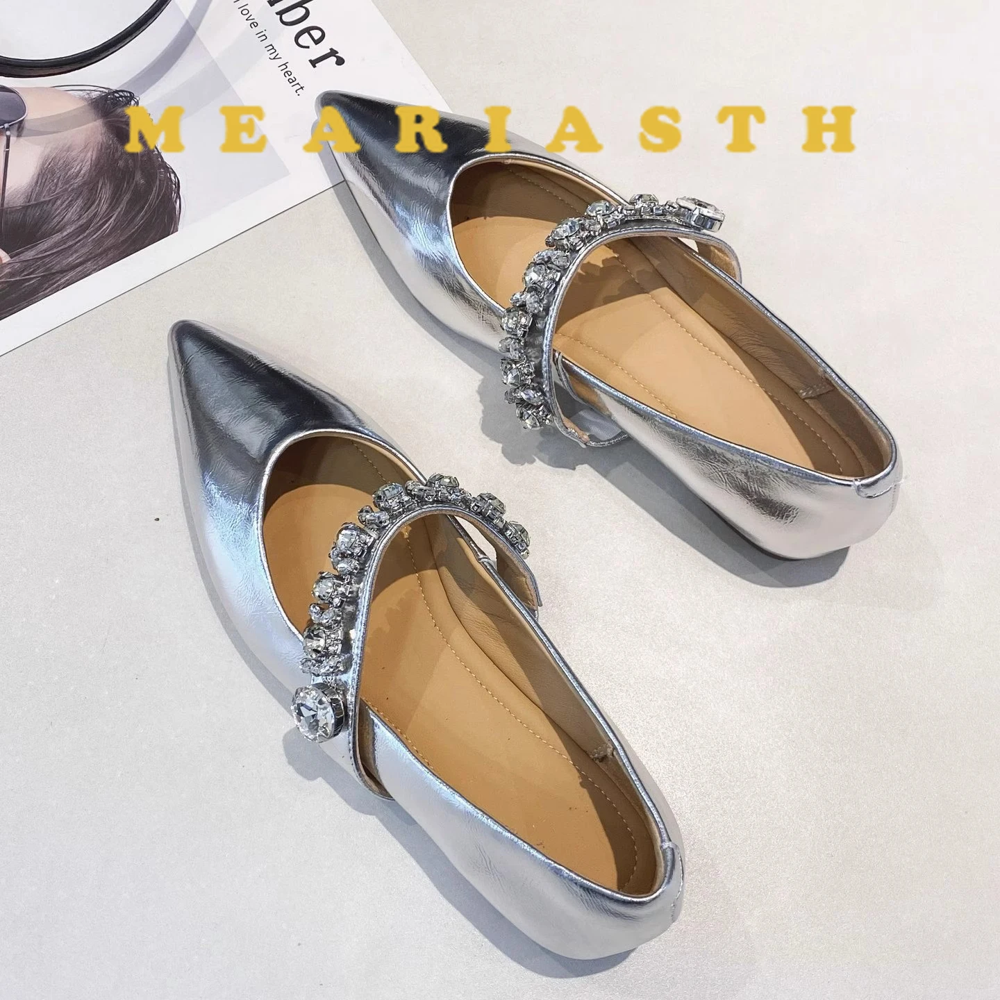 

Flat Shoes Women's 2025 Spring Autumn New Fashion Pointed Flat Bottom Shallow Mouth Rhinestones Black Silver Luxury Shoes Women