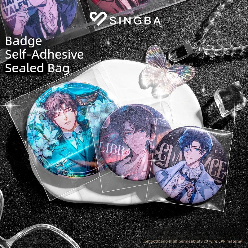 SINGBA 50Pcs 20mil Thick Anime Goods Protector Bags, Self-Sealing Clear Badge Sleeves for Pin Button & Photo Card Storage