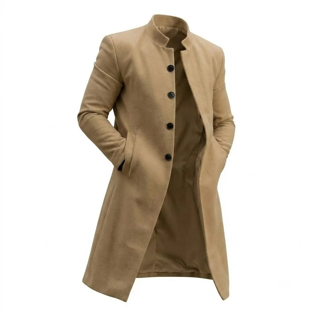 Men Mid Length Coat Single Breasted Wool Blends Stand Collar Full Sleeve Overcoat Casual Work Y2k Streetwear Autumn Winter 2026