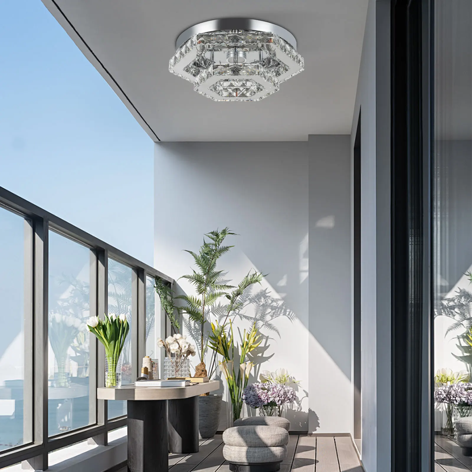 ضوء السقف - كريستال مكون من طبقتين، جهد عريض 85-265 فولت 2200 لومن، جهاز تحكم عن بعد LED (16.4 قدم)، يعتم لا نهائي لغرفة المعيشة/الفندق