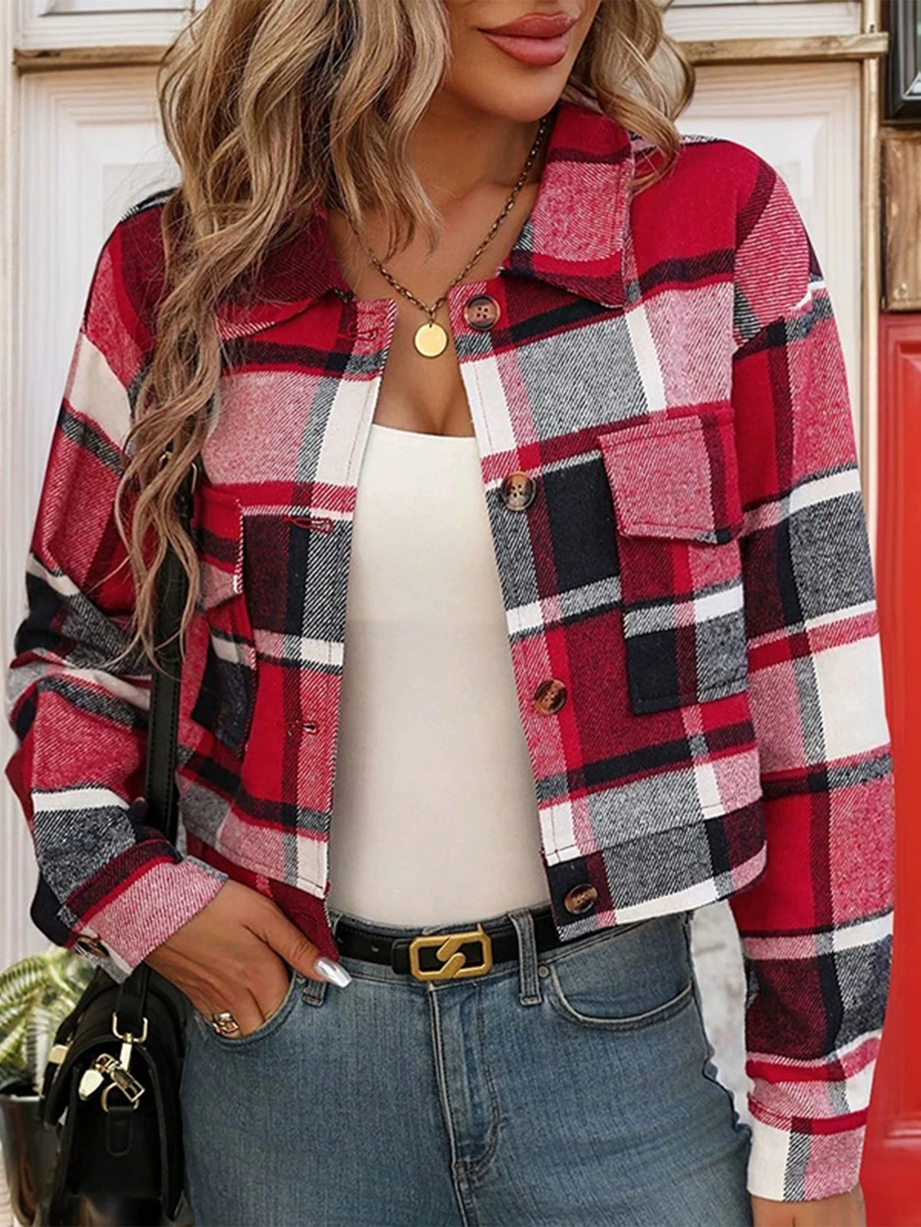

Women's French Plaid Long Sleeve Lapel Jacket Regular Fit Casual Autumn Outerwear Fashionable A-Line Style