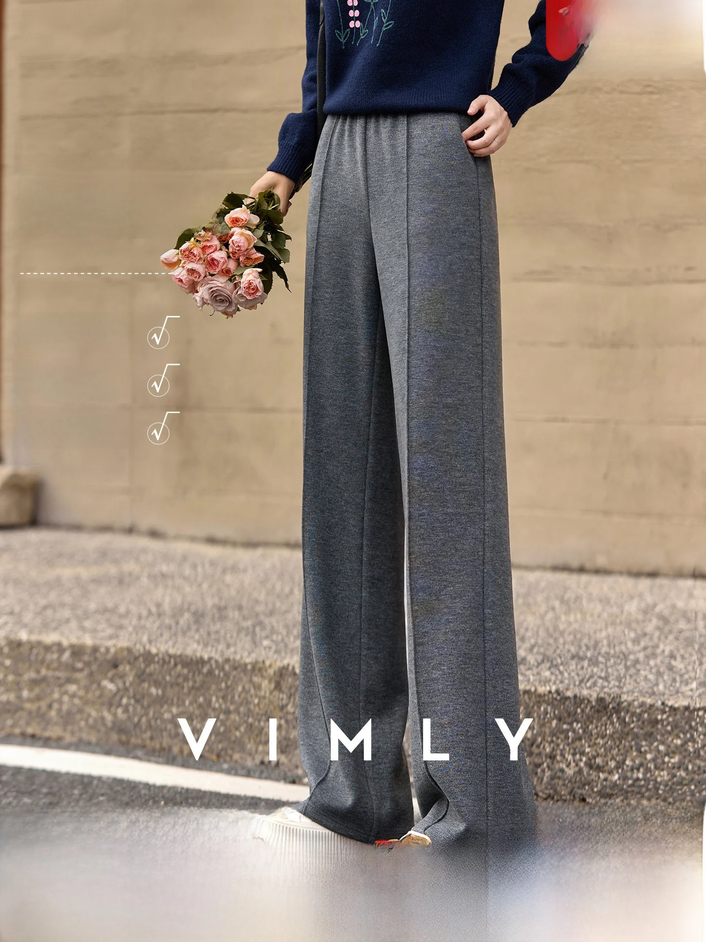 

Casual Wool Blend Wide Leg Pants Women's Loose Fit Winter Faion Spor Sle Versatile Polyester Fiber Elastic Waist Trousers