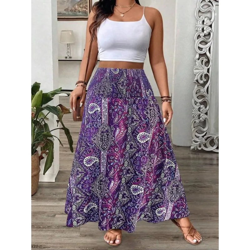 Plus Size 1XL-5XL Women's Bohemian Print Skirts Ladies Leisure Temperament Length Skirt Elastic Waist Women Long Skirt