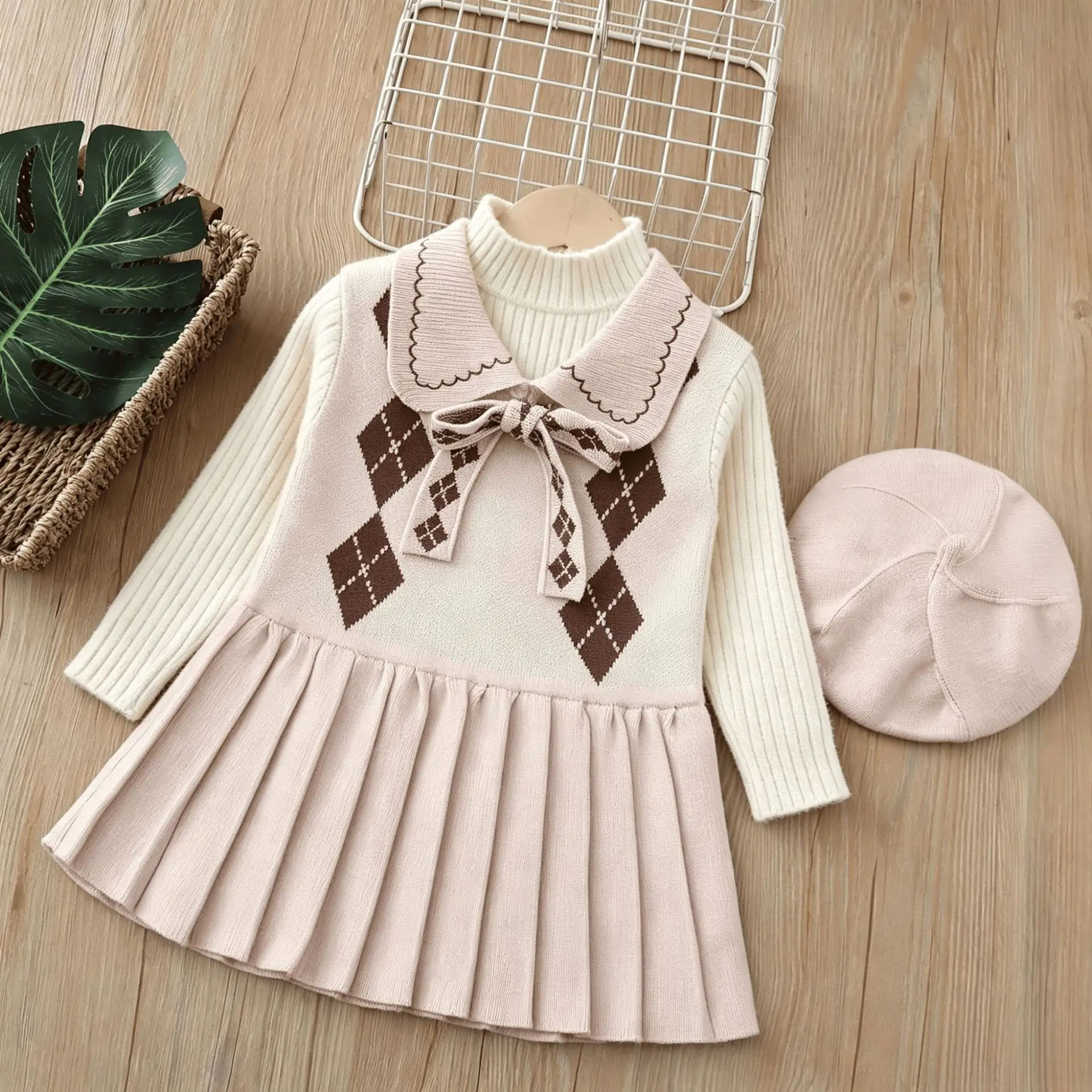 2-7 Y Autumn Kids Girls Clothing Set Pleated Vest Dress +Solid Sweaters And Hat 3 PCs Girls Suit Girls Knit Sweater Set