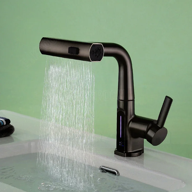 Waterfall Digital DisplayTemperature Basin Faucet Mixer 3 Modes Stream Sprayer Lift Up Down Hot Cold Water Sink Faucet