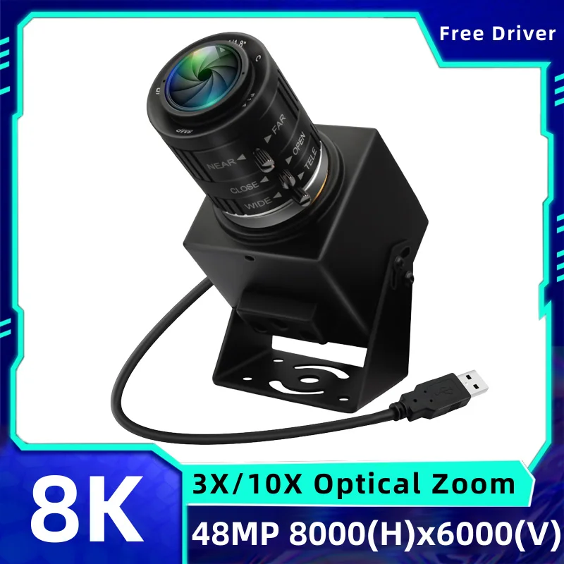 ELP 48MP 8000x6000 8K USB Camera with CS 3X 3.6-10mm/10X 5-50mm Manual CCTV Zoom Lens CMOS IMX586 Industrial PC Webcam 4K 30fps