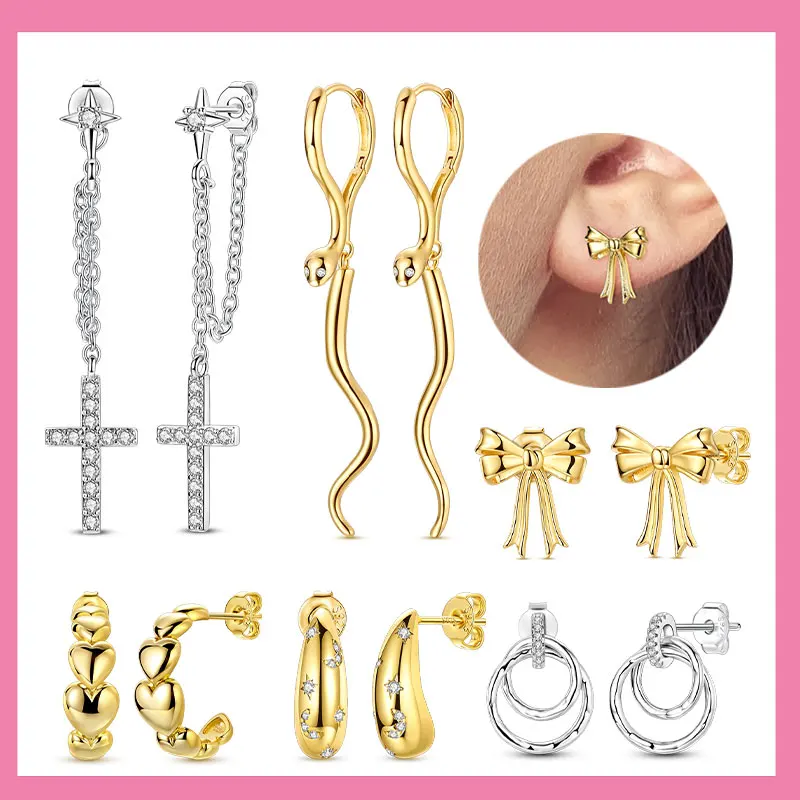 2025 NEW 925 Sterling Silver Golden Bow Hoop Earings and Cross Snake Tassel Earrings Making Jewelry for Women Girl Party Gifts